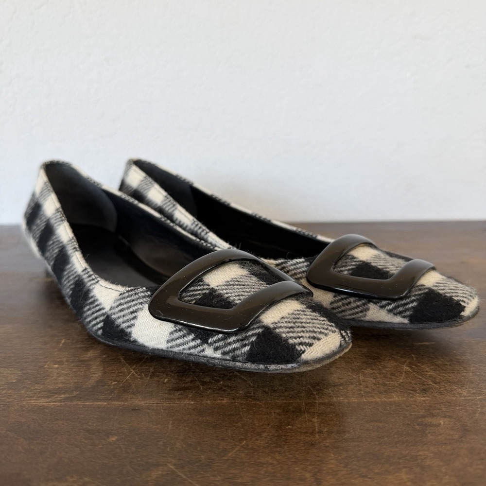 Delman Women's Size 8.5M Plaid‎ Black White Cotton Flat Loafer Dress Shoes
